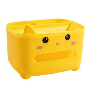 Boîte à Mouchoirs Mignonne Chat Cartoon Support de Stockage de Bureau Organisateur en Plastique Multi-Grille pour Salon Salle de Bain Décoration