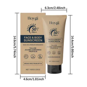 Vue détaillée du tube de crème solaire HOYGI et de la boîte avec dimensions précises.