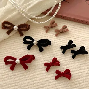 Women Velvet Bow Hair Clip With Artificial Pearl Duckbill Clip Korean Style Red Black Brown Side Clip Princess Accessory
