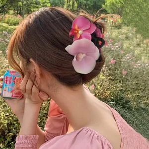 Women Sweet Orchid Flower Hair Clip Artificial Pearl Decoration Gradient Dyeing Floral Claw Clip Korean Style Spring Hair Accessory