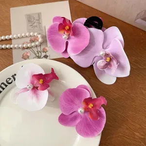 Sweet gradient orchid hair clips with white pearls for elegant spring floral styling