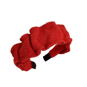 Elegant festive red knitted ruffled headband with high-top design for winter hair styling