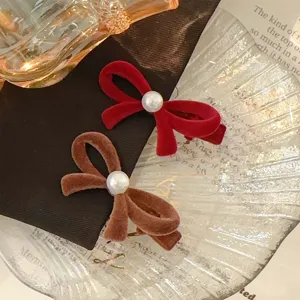 Red and brown velvet bow hair clips with pearls for women, small duckbill side clips