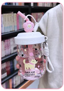 Portable plastic water bottle with straw, cute flower cap and dog print for office school
