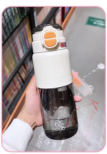 Summer large-capacity sports water bottle, portable straw cup with dual drinking lids.