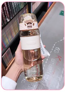Large capacity plastic sports water bottle with straw, portable student fitness cup with strap.