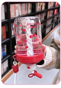 Portable plastic water bottle with straw, cute cherry design, ideal for office and daily use.