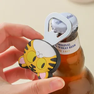Cute cartoon tiger magnetic bottle opener, creative metal beer cap remover for home kitchen use.