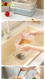 Cuisine double couche panier d'égouttage gros plan, montrant le lavage des légumes et préparation.