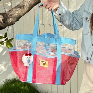 Colorful mesh beach bag, large capacity tote for swimming, travel, and outdoor activities.