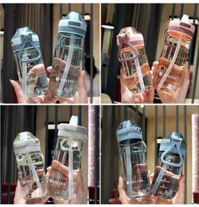Summer portable large capacity plastic water bottle with straw and handle for daily sports use.
