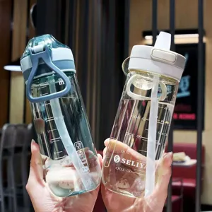Large capacity plastic water bottle with straw and scale markings, portable student cup.