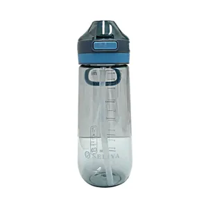 Large capacity plastic water bottle with straw and scale marks, portable student sport cup.