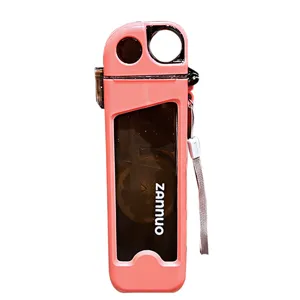 Pink square water bottle for students, cute portable plastic cup with straw and strap.