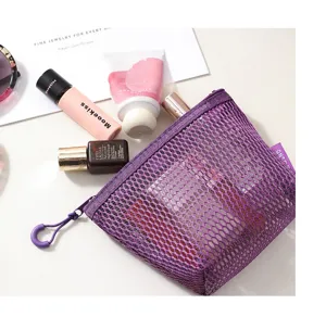 Portable purple mesh zipper storage bag for cosmetics, toiletries, and daily small items.