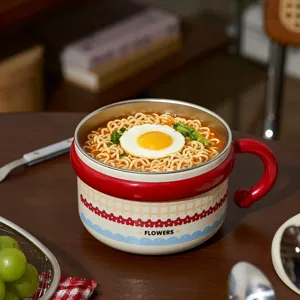 Stainless steel instant noodle bowl with lid, cute large capacity lunch box for students.