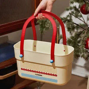 Retro small flower storage basket portable plastic shower caddy for daily organization.