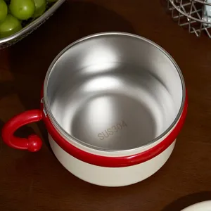 Stainless steel instant noodle bowl cute red handle soup bowl student dorm lunch box