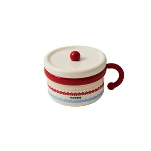 Cute stainless steel instant noodle bowl with lid and handle, perfect for student dorms.