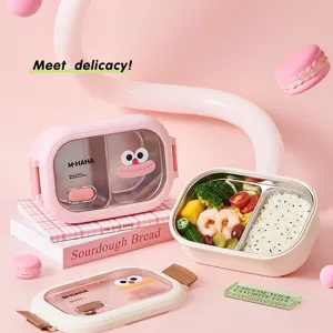 Boîte à Lunch Portable en Acier Inoxydable Joli Dessin Animé Boîte à Bento à Compartiments Pour Étudiants Employés de Bureau