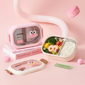 Boîte à lunch en acier inoxydable avec design de dessin animé, deux compartiments pratiques.