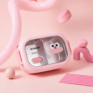 Boîte à bento double compartiment en acier inoxydable rose avec joli dessin animé portable.