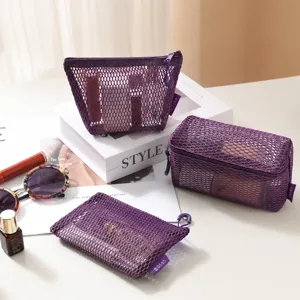 Multifunctional purple mesh cosmetic bags set, portable transparent zipper storage pouches.