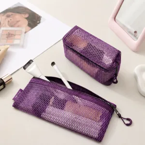 Portable mesh cosmetic bag, large capacity zipper travel storage pouch for makeup tools.