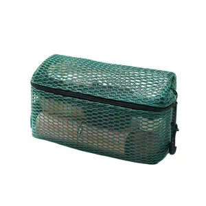 Multifunctional green mesh storage bag portable cosmetic organizer with zipper closure.