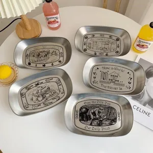 Retro Metal Serving Tray Vintage Tin Food Fruit Snack Storage Plate Coffee Homestead Pattern Kitchen Decor