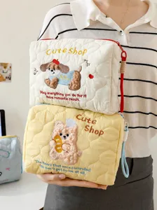 Cute Portable Cosmetic Bag Large Capacity Travel Toiletry Organizer Velvet Quilted Makeup Pouch With Cartoon Embroidery
