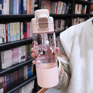 Große Kapazität Plastik Wasserflasche Mit Strohhalm Und Doppel Trinkdeckel Süßer Bär Tritan Tasse Für Studenten Täglichen Gebrauch