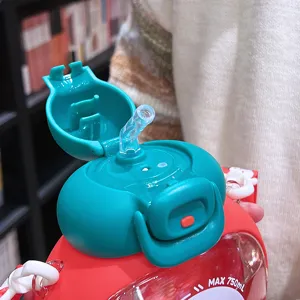 Cute strawberry water bottle 750ml portable straw cup for students and girls red green.