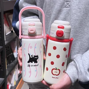 Portable Stainless Steel Vacuum Flask Dual Drink Insulated Water Bottle With Straw And Handle Cute Cartoon Student Cup