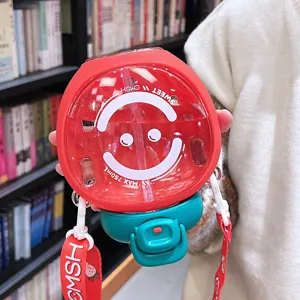Cute strawberry water bottle with straw and strap, portable drinkware for daily use.