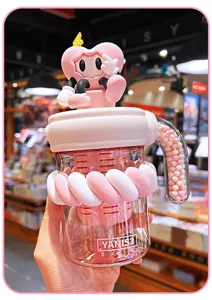 Cute cyber style glass straw water cup for girls, portable pink floral tea bottle with handle.