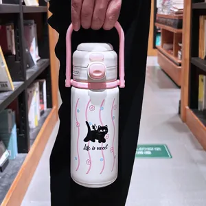 Ins style cute cat stainless steel thermos bottle with straw and portable handle cup for students