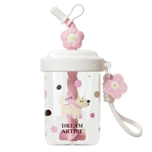 Cute pink plastic straw water bottle with lovely dog pattern and flower cap for office use.