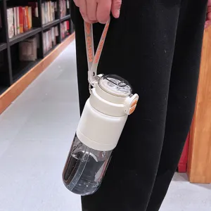 Summer large-capacity sports water bottle, portable straw cup with strap and dual-drink lid.