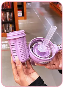Purple portable flower tea cup detail, cute plastic water bottle with straw and beads.