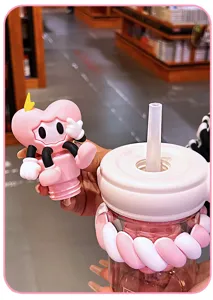 Cute cyber YAYA flower tea cup with straw, pink aesthetic water bottle for office and daily use.