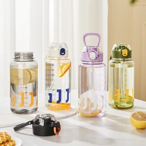 Large capacity plastic water bottle with straw and time marker portable outdoor sports drinking cup