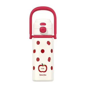 Portable insulated water bottle with cute apple print, dual-drink design and handle.