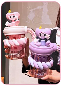 Cute straw water bottle with cartoon doll pink purple portable cup for office desk daily use