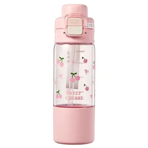 Rosa Plastik Wasserflasche mit Strohhalm, niedliches Kirschenmuster, große Kapazität.