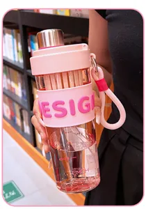 Portable fruit tea cup with straw, high aesthetic pink design, perfect for office and outdoor.