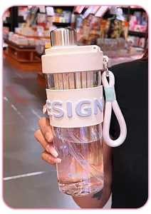 Portable plastic water bottle with straw and tea strainer for office and daily use.