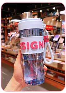 Clear plastic water bottle with straw silicone sleeve and portable lanyard for daily office use.