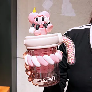 Cute Cartoon Straw Water Bottle 500ml Tritan Portable Office Drinking Cup For Women