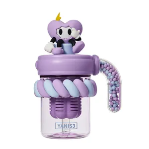 Cute purple straw water bottle with cartoon figure and decorative beads for office and daily use